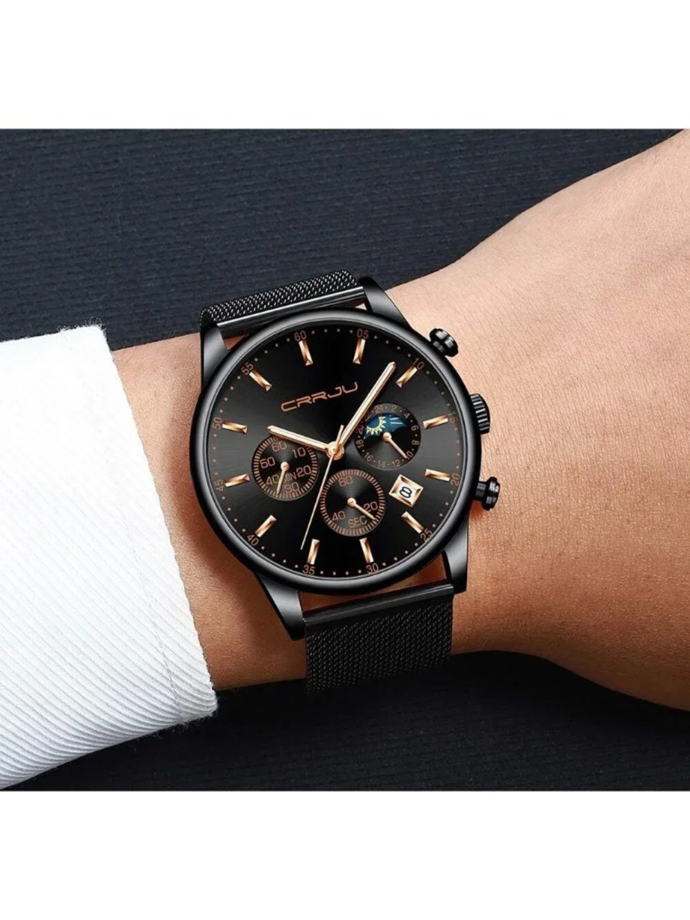 Mens Black Rose Gold Chronograph Waterproof Steel Quartz Mesh Strap Casual Watch